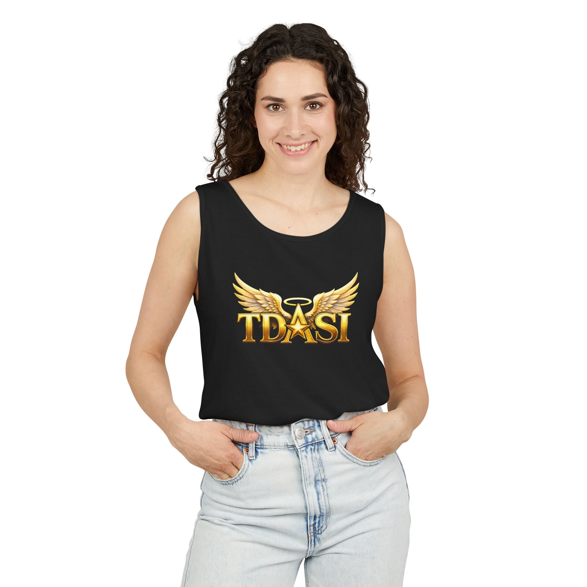 Angel Wings 'TDASI' Graphic Tank Top — Gold Halo Logo Sleeveless Tee