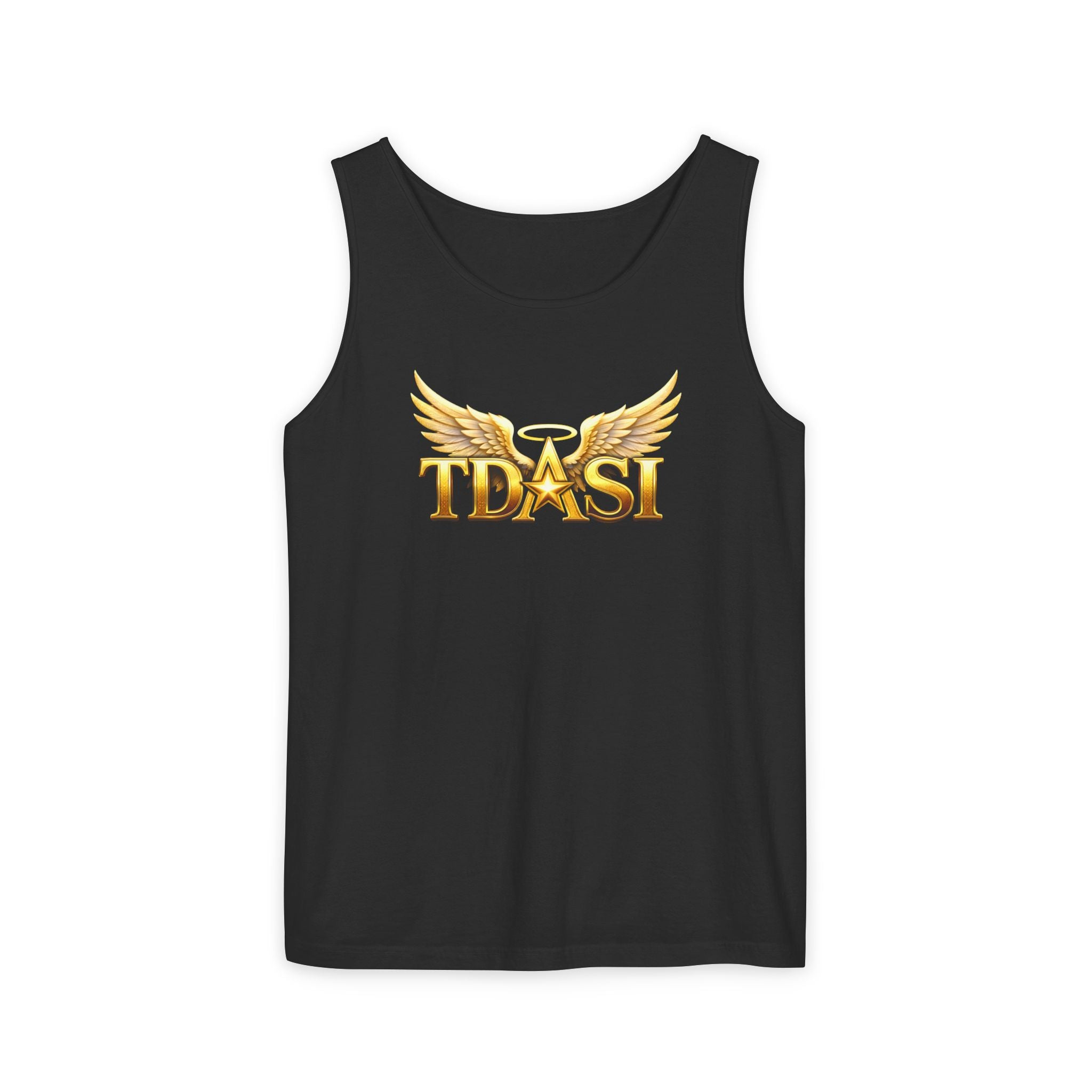 Angel Wings 'TDASI' Graphic Tank Top — Gold Halo Logo Sleeveless Tee